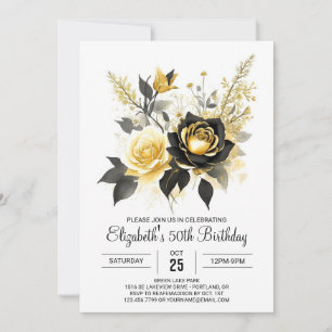Surprise Floral Gold and Black 50th Birthday Invitation