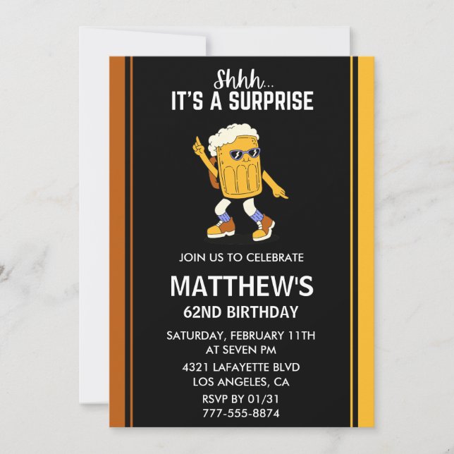 Surprise Funny Beer Men 62nd birthday invitations  (Front)