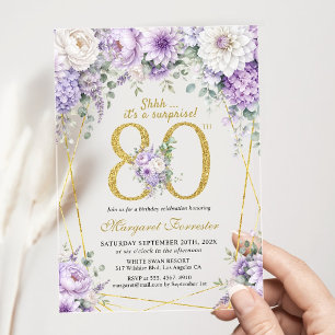 Surprise Gold 80th Birthday Dusty Purple Floral Acrylic Invitations