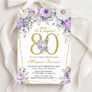 Surprise Gold 80th Birthday Dusty Purple Floral Invitation