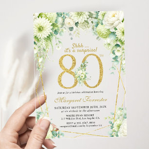 Surprise Gold 80th Birthday Greenery White Floral Acrylic Invitations