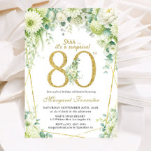 Surprise Gold 80th Birthday Greenery White Floral