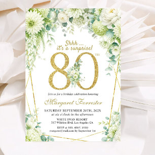 Surprise Gold 80th Birthday Greenery White Floral Invitation
