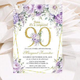 Surprise Gold 90th Birthday Dusty Purple Floral Invitation