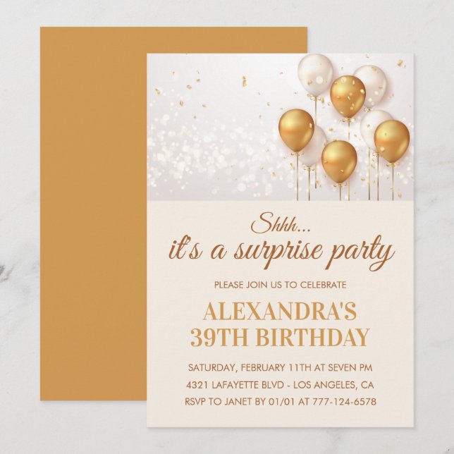 Surprise Gold Balloons 39th birthday invitations  (Front/Back)