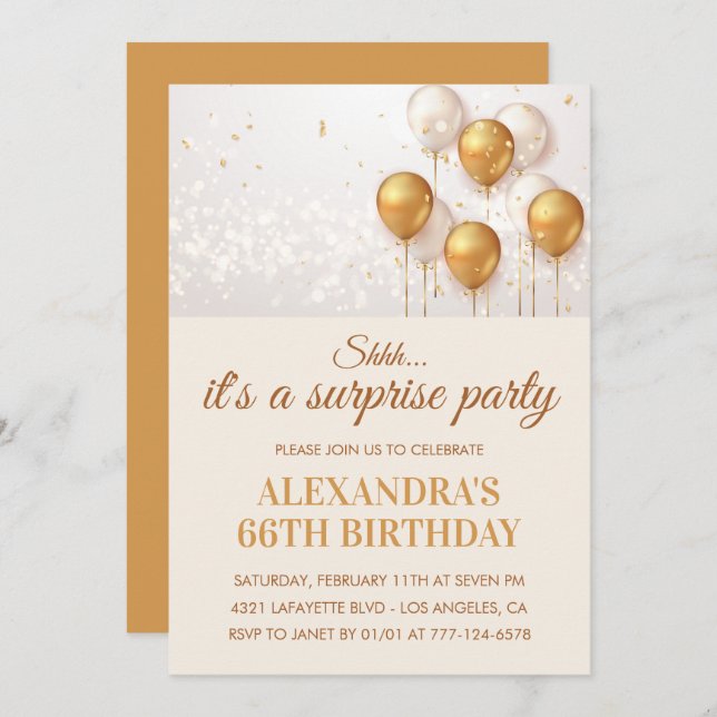 Surprise Gold Balloons 66th birthday invitations  (Front/Back)
