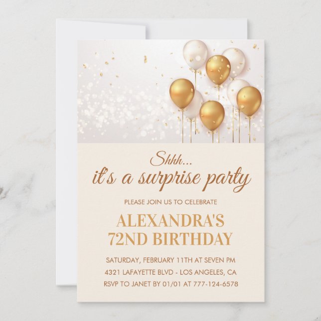 Surprise Gold Balloons 72nd birthday Invitation (Front)