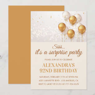Surprise Gold Balloons 92nd birthday Invitation