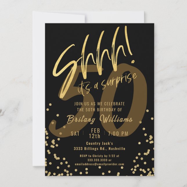 Surprise Gold Black Birthday Party Invitation (Front)