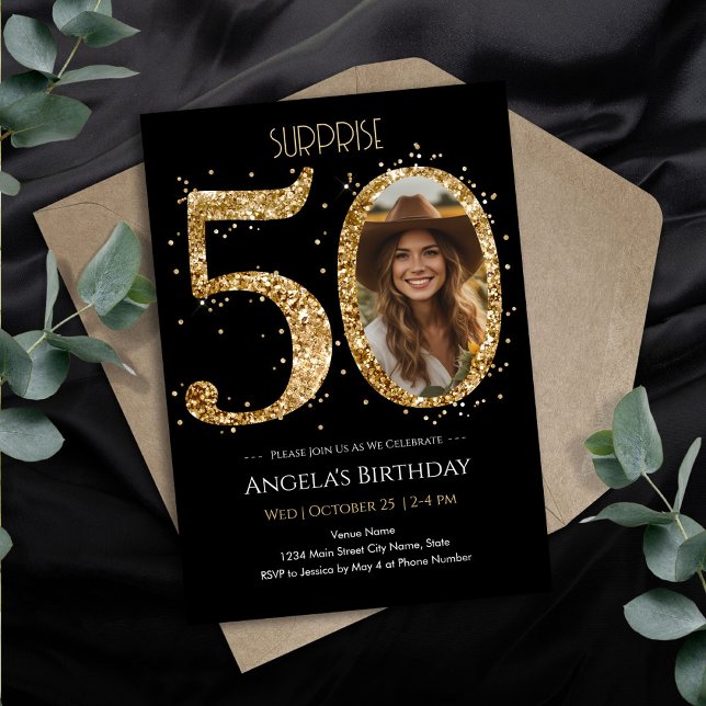 Surprise Gold Glitter 50th Birthday Photo Invitation (Creator Uploaded)