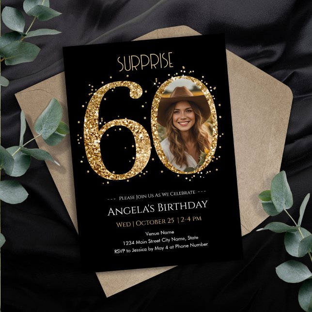Surprise Gold Glitter 60th Birthday Photo Invitation (Creator Uploaded)