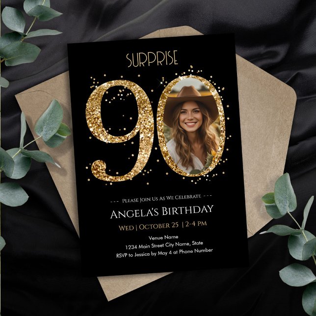 Surprise Gold Glitter 90th Birthday Photo Invitation (Creator Uploaded)