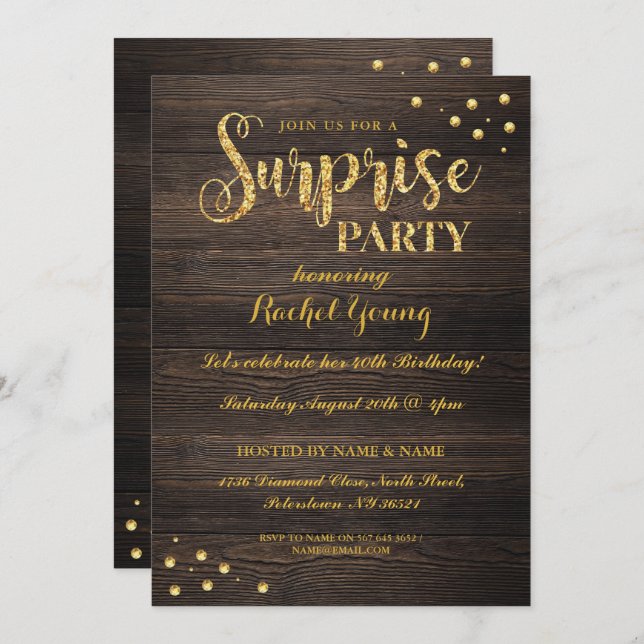 Surprise Gold Glitter Wood Birthday Invitation (Front/Back)