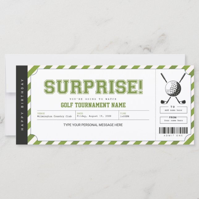 Surprise Golf Tournament Personalised Gift Ticket (Front)