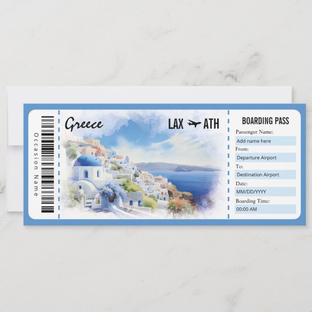 Surprise Greece Boarding Pass Gift Certificate Invitation (Front)