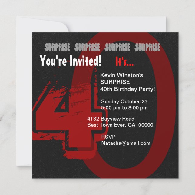 SURPRISE Grunge 40th Birthday Red and Black W203 Invitation (Front)
