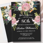 **SURPRISE Handpainted Floral 80th Birthday Party  Invitation<br><div class="desc">Start this special SURPRISE 80th birthday celebration in a elegant style with this beautifully hand painted invitation with colorful yet gentle flowers -- leading with blush pink and greenery, yet adding interesting other touches of color striking against an all black background.. All of the text can be personalized for your...</div>