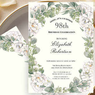 Surprise Ivory and Sage Green Floral 98th Birthday Invitation