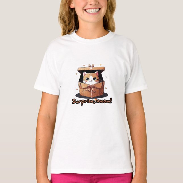 Surprise Meow T-Shirt, Cat Popping Out of Box T-Shirt (Front)