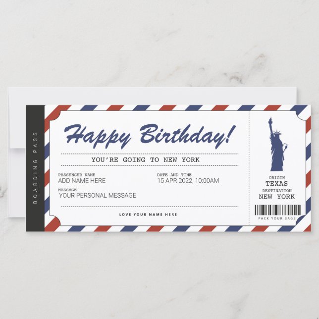 Surprise New York Trip Boarding Pass Travel Ticket (Front)