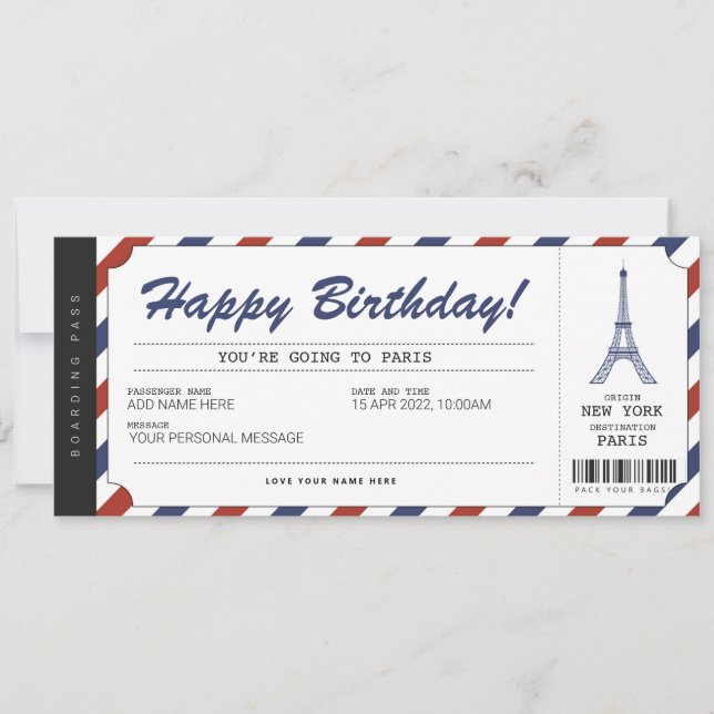 Surprise Paris Trip Boarding Pass Vacation Ticket Invitation (Front)
