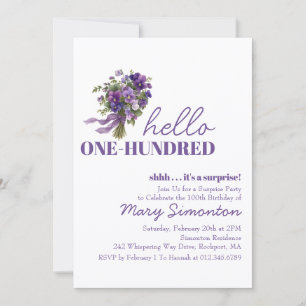 SURPRISE PARTY 100 Birthday Purple Floral Bouquet Invitation