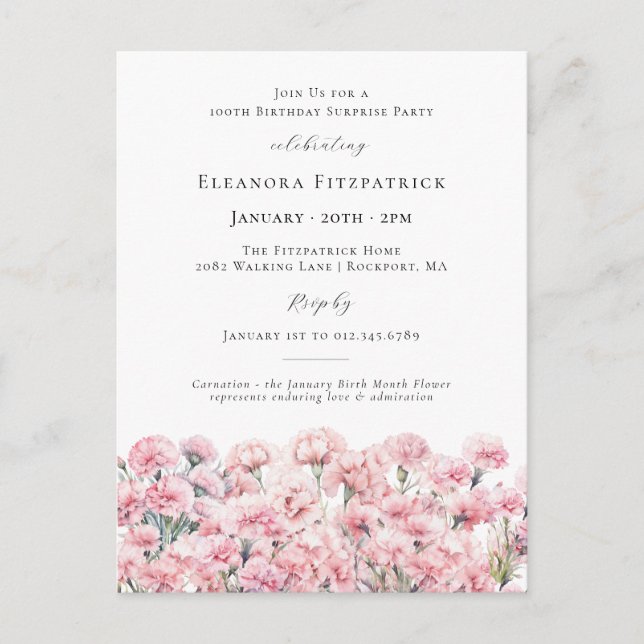 SURPRISE PARTY 100 Carnation January Birth Flower Invitation Postcard (Front)