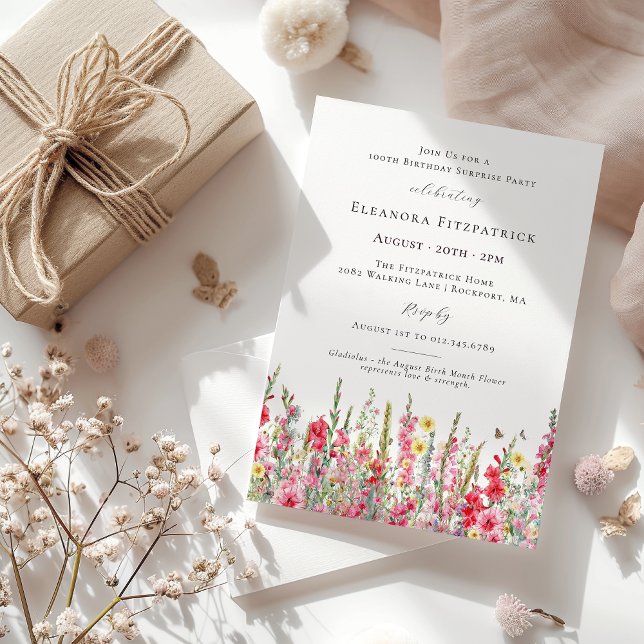 SURPRISE PARTY 100th Birthday August Birth Flower Invitation (Creator Uploaded)