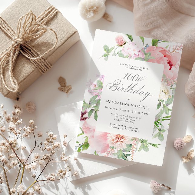 SURPRISE PARTY 100th Birthday Elegant Pink Peony Invitation (Creator Uploaded)
