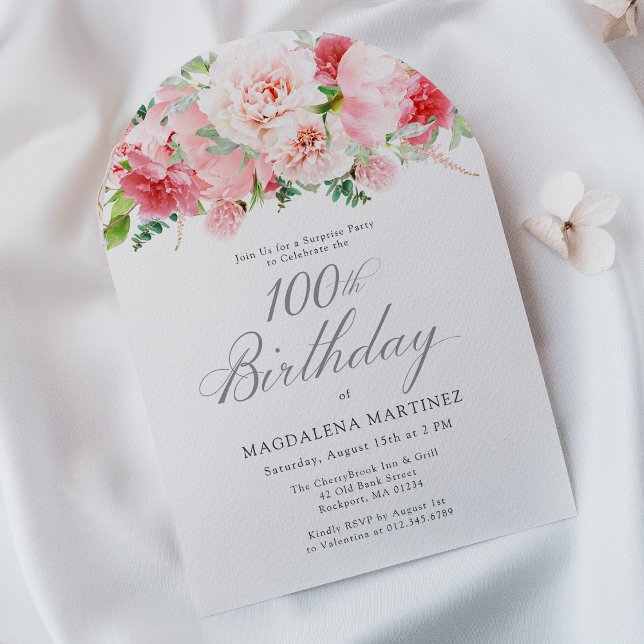 SURPRISE PARTY 100th Birthday Elegant Pink Peony Invitation (Creator Uploaded)