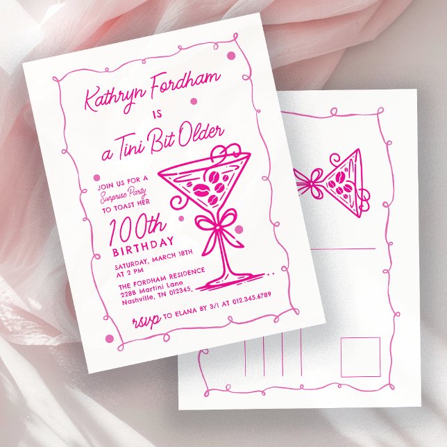 SURPRISE PARTY 100th Birthday Pink Doodle Martini Invitation Postcard (Creator Uploaded)