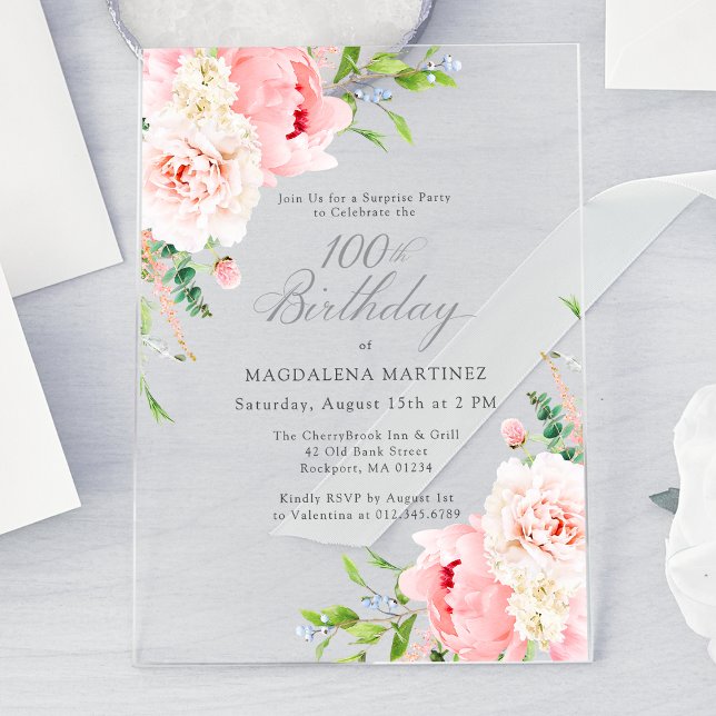 SURPRISE PARTY 100th Birthday Pink Peony Floral Acrylic Invitations (Creator Uploaded)