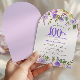 SURPRISE PARTY 100th Birthday Purple Floral Arch Invitation