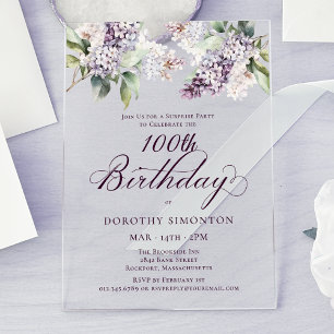 SURPRISE PARTY 100th Birthday Purple Lilac Floral Acrylic Invitations