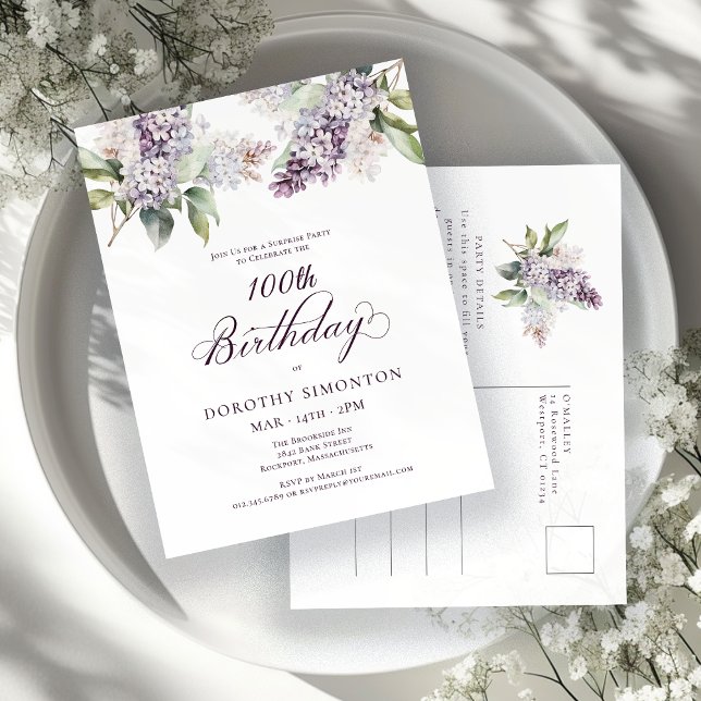 SURPRISE PARTY 100th Birthday Purple Lilac Floral Invitation Postcard (Creator Uploaded)