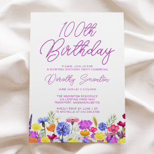 SURPRISE PARTY 100TH Birthday Purple Wildflower Invitation