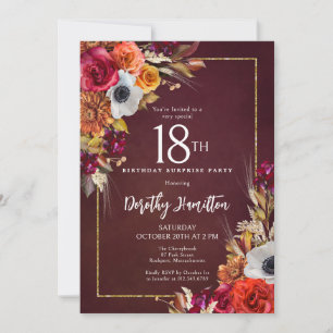 SURPRISE PARTY 18th Birthday Burgundy Fall Flowers Invitation