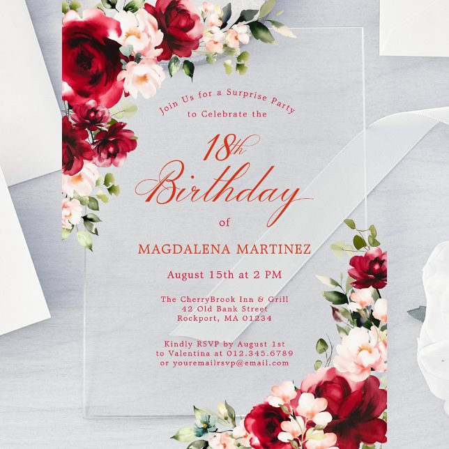 SURPRISE PARTY 18th Birthday Red Rose Pink Peony  Acrylic Invitations (Creator Uploaded)