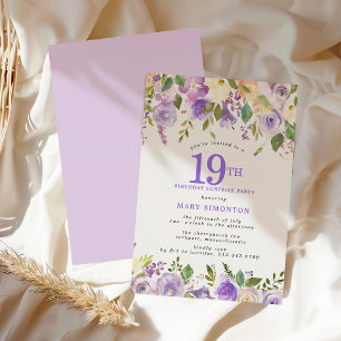 SURPRISE PARTY 19th Birthday Pretty Purple Floral Invitation
