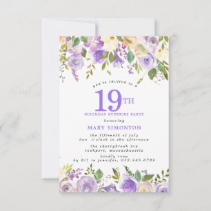 SURPRISE PARTY 19th Birthday Pretty Purple Floral Invitation