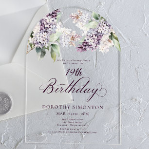 SURPRISE PARTY 19th Birthday Purple Floral Arch Acrylic Invitations