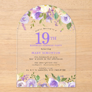 SURPRISE PARTY 19th Birthday Purple Floral Clear Acrylic Invitations