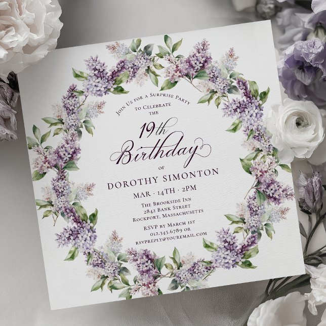 SURPRISE PARTY 19th Birthday Purple Lilac Floral Invitation (Creator Uploaded)