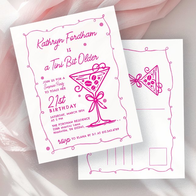 SURPRISE PARTY 21st Birthday Pink Doodle Martini Invitation Postcard (Creator Uploaded)