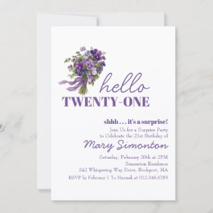 SURPRISE PARTY 21st Birthday Purple Floral Bouquet Invitation