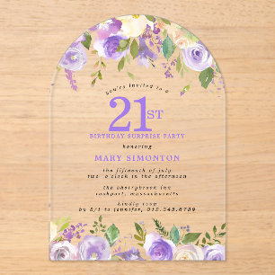 SURPRISE PARTY 21st Birthday Purple Floral Clear Acrylic Invitations
