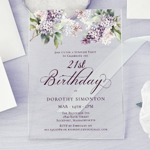 SURPRISE PARTY 21st Birthday Purple Lilac Floral Acrylic Invitations