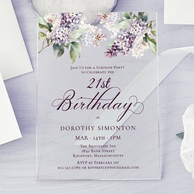 SURPRISE PARTY 21st Birthday Purple Lilac Floral Acrylic Invitations (Creator Uploaded)