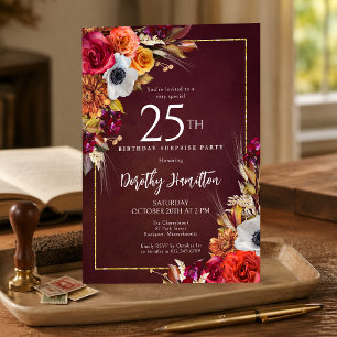 SURPRISE PARTY 25th Birthday Burgundy Fall Flowers Invitation