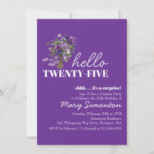 SURPRISE PARTY 25th Birthday Purple Floral Bouquet Invitation